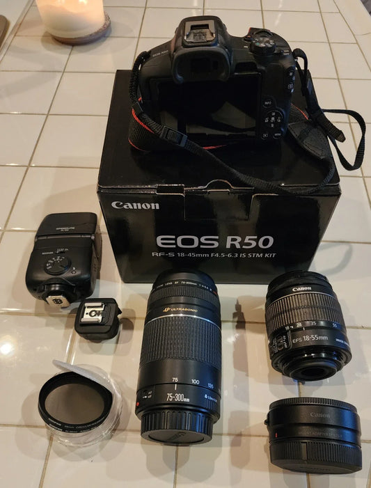 CANON EOS R50 MIRRORLESS, MULTIPLE LENS, LENS ADAPTER, AND ACCESSORIES